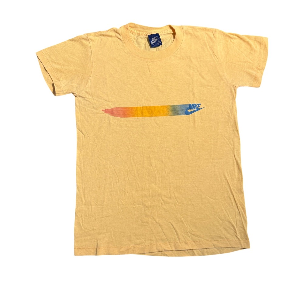 Vintage 70s Nike Blue Tag T-Shirt Yellow Rainbow Swoosh Single Stitch Mens Small